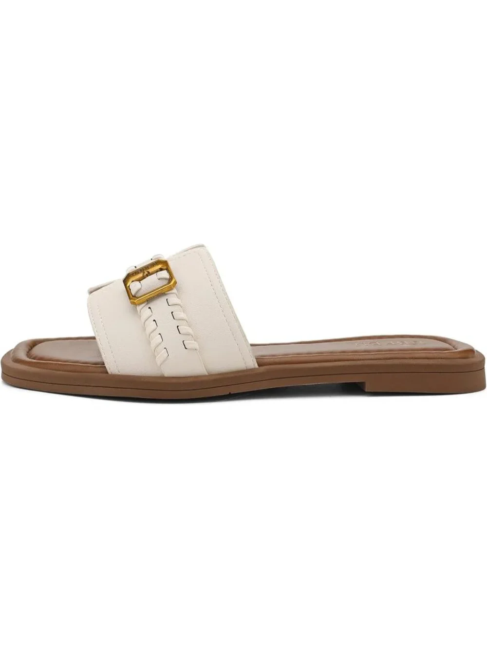 Women's White Square Toe Flat Sandals Slides Dressy Comfortable for Beach